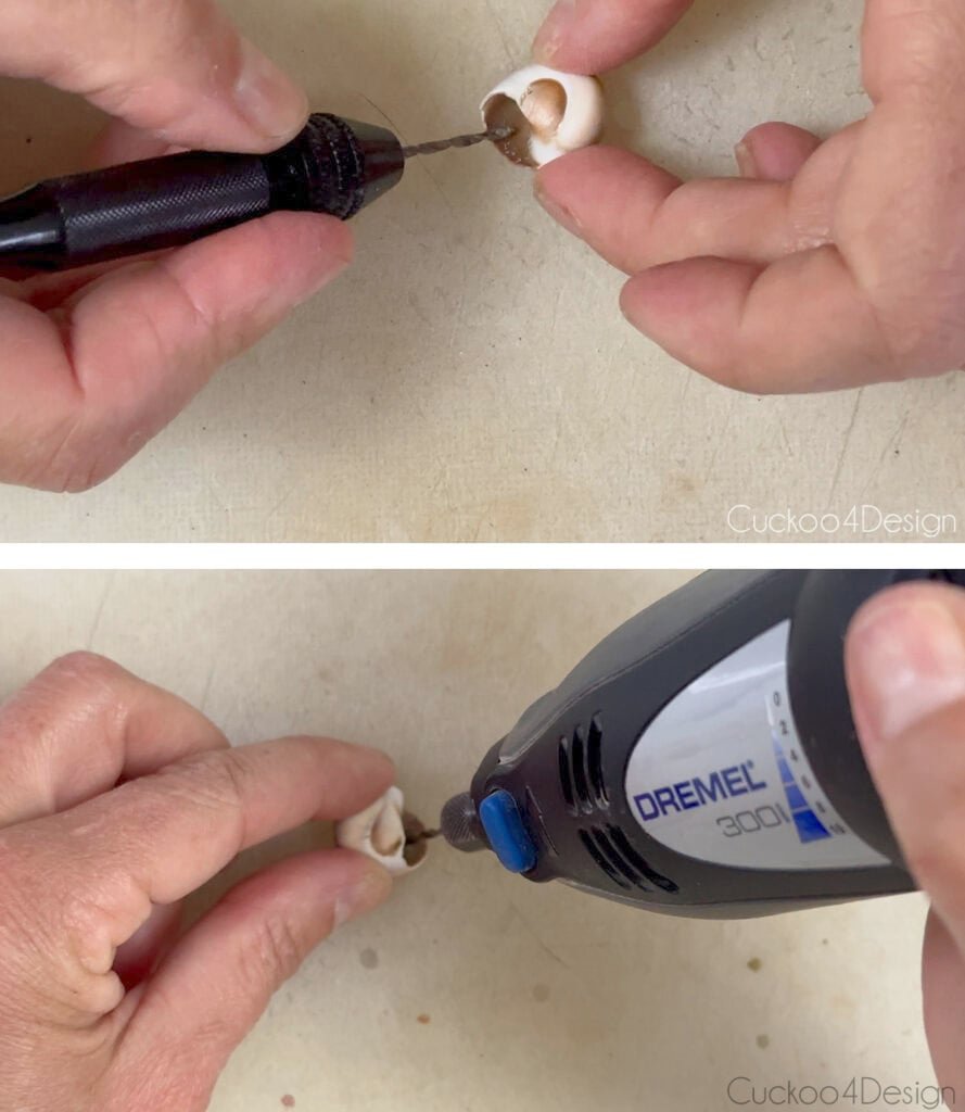 perforar un agujero en una cáscara de caracol con un dremel y con un micro taladro manual