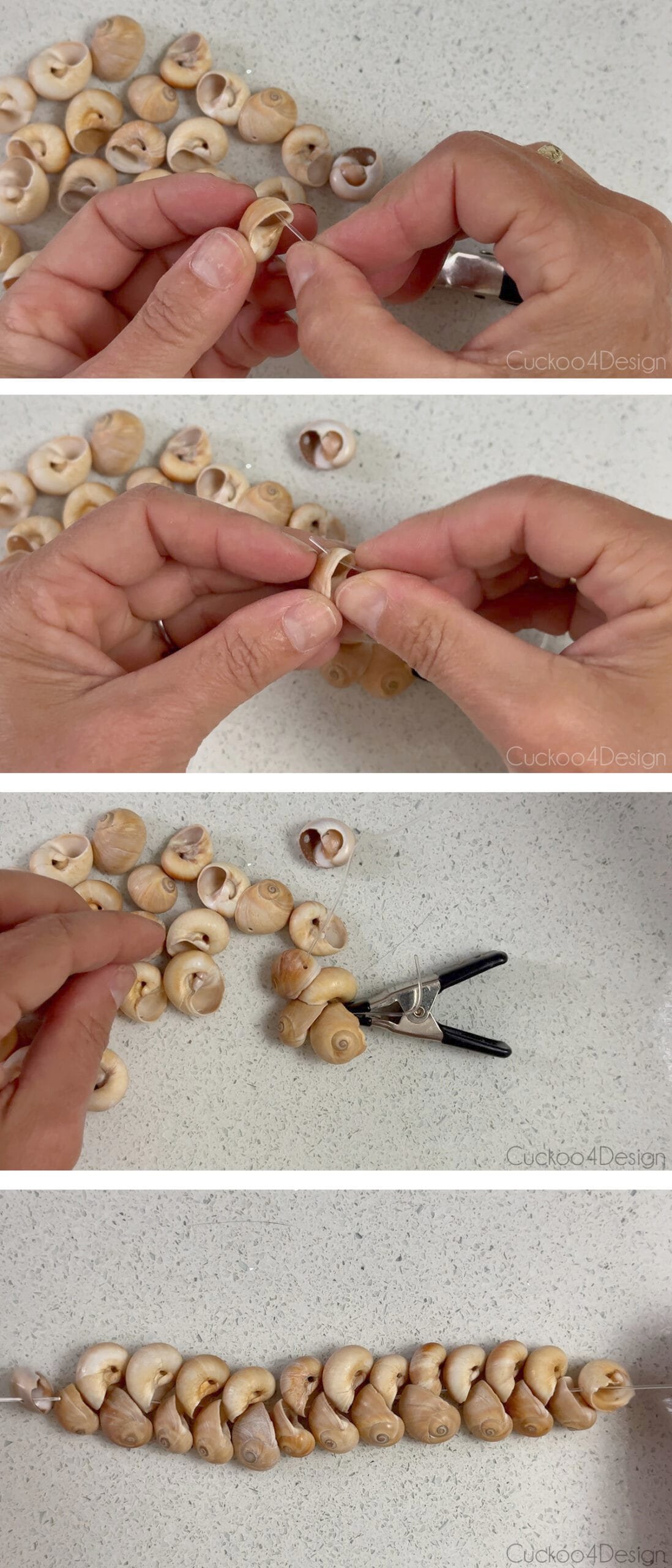Pasos para enhebrar cáscaras de caracol en el cordón estirado