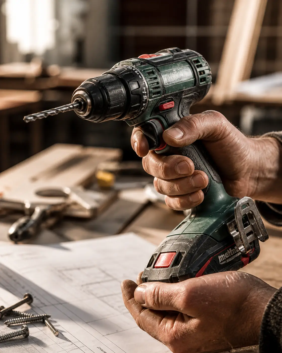Profesional usando herramientas Metabo en obra